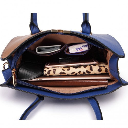 LT1666 - Miss Lulu Split Front Design Medium Tote Handbag Navy and Brown