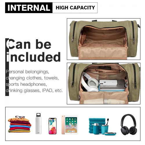 E1957 - Kono Canvas Barrel Duffle Travel Bag - Green