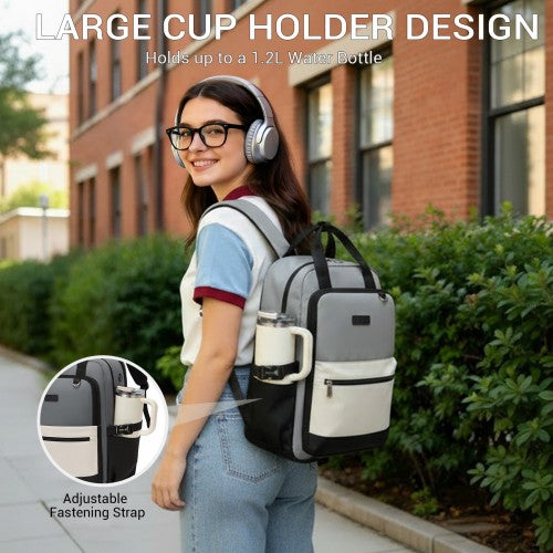 BPK2527 - Kono Functional Water-Resistant Laptop Backpack, Trendy Design with Padded Sleeve and Multiple Practical Compartments - Grey and Beige