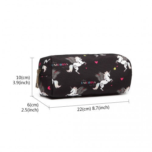 PC-UN - MISS LULU UNICORN CANVAS PENCIL CASE - BLACK