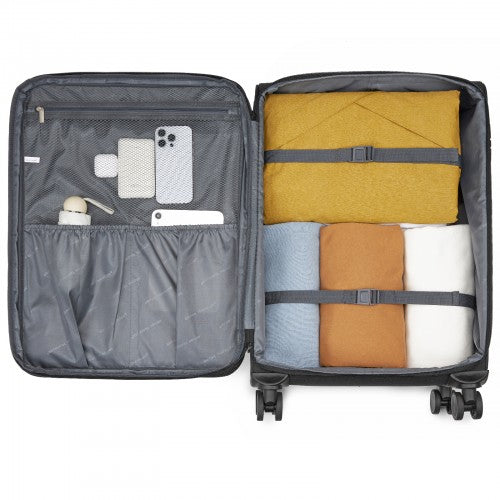 KSB2597 - British Traveller Sleek Tough 24 Inch Travel Soft-Shell Suitcase with Silent TPE Spinners, TSA Security and Expandable Capacity - Black