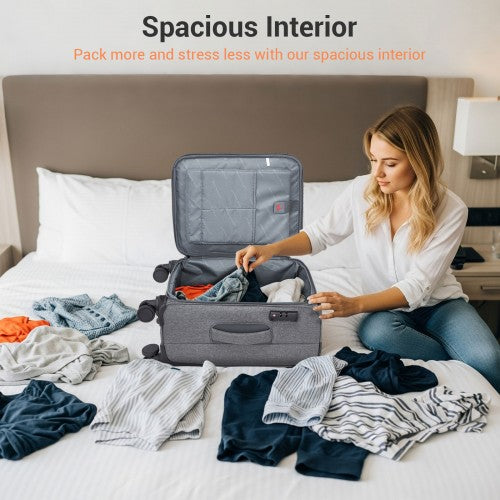 KSB2597 - British Traveller Sleek Tough 20 Inch Travel Soft-Shell Suitcase with Silent TPE Spinners, TSA Security and Laptop Sleeve - Grey
