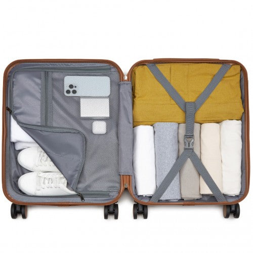 KSK2592 - Kono ABS+PC 20-Inch Striped Design with Colour-Block Details Carry-On Cabin Suitcase with Silent Spinner Wheels - Navy and Brown