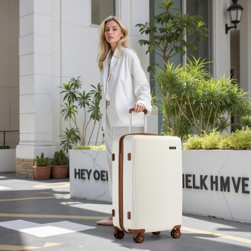 KSK2494 - Kono 28 Inch Minimalist Hard Shell ABS+PC Check-In Suitcase with TSA Lock 360° Spinner Wheels - Cream And Brown