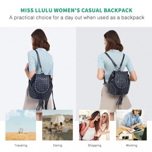 L1414 - Miss Lulu Skull Studded Backpack Shoulder Bag - Navy