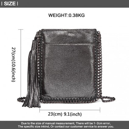 E6845 - Miss Lulu Leather Look Chain Shoulder Bag with Tassel Pendant - Silver