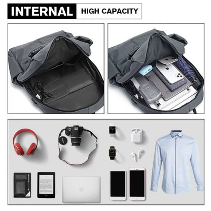 E6913 - Kono Water Resistant Travel Backpack with USB Charging Port - Grey