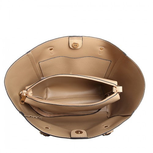 LH6895 - Miss Lulu Textured Leather Look 2 Piece Tote and Shoulder Bag Set - Apricot