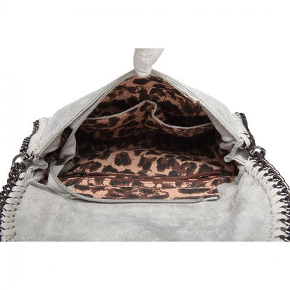 E6844 - Miss Lulu Leather Look Chain Fold-over Shoulder Bag - Grey
