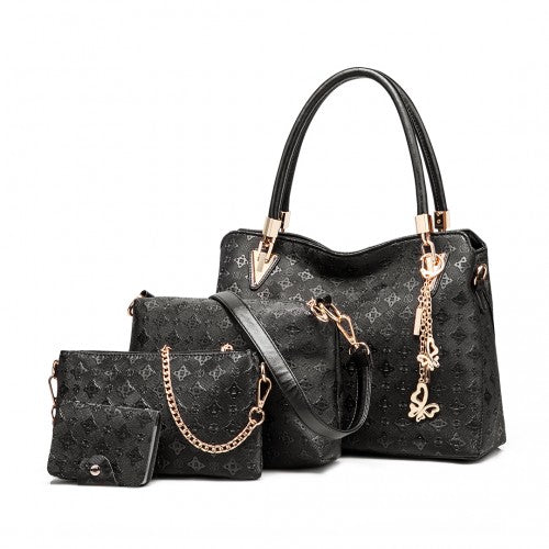 E6714-Miss LuLu Fashion PU Leather Handbag Purse 4pcs Set BLACK