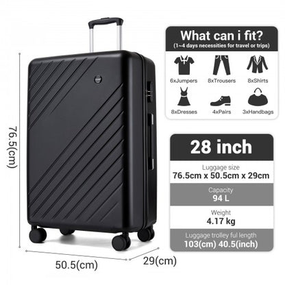 KSK2585 - Kono 28 Inch Large ABS+PC Hard Shell Checked Luggage, Spacious Diagonal Stripe Travel Suitcase with Silent Wheels & Combination Lock  - Black