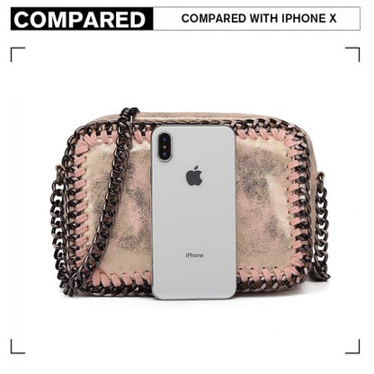 E6846 - Miss Lulu Metallic Effect Leather Look Chain Shoulder Bag - Pink