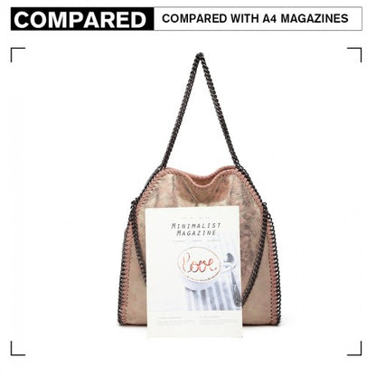 S1760 - Miss Lulu Metallic Effect Chain Tote Bag - Pink