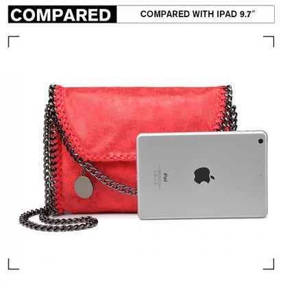 E6844 - Miss Lulu Leather Look Chain Fold-over Shoulder Bag - Red