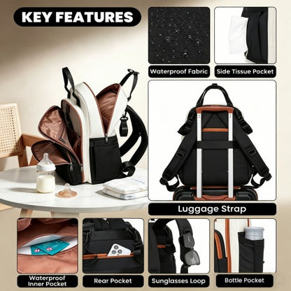 BCM2532 - Miss Lulu Stylish Multifunctional Baby Changing Backpack with Insulated Bottle Holders, Stroller Clips & Trolley Sleeve for Everyday & Travel - Black and Beige