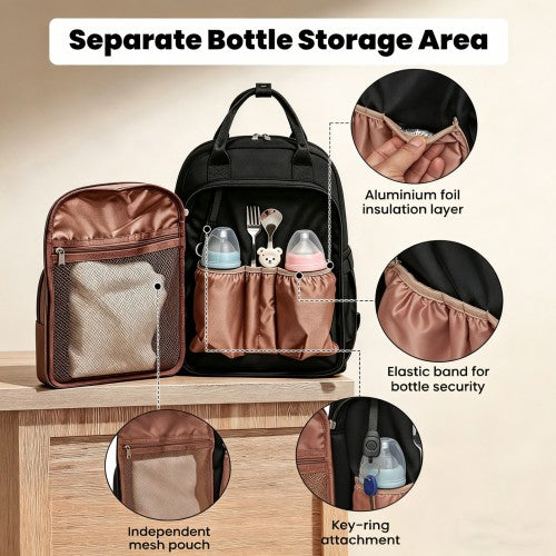 BCM2532 - Miss Lulu Stylish Multifunctional Baby Changing Backpack with Insulated Bottle Holders, Stroller Clips & Trolley Sleeve for Everyday & Travel - Black