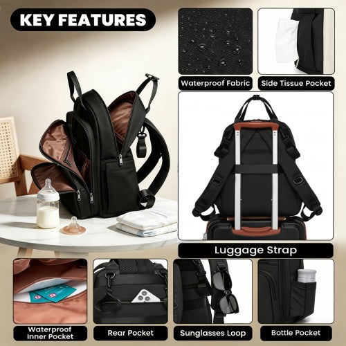 BCM2532 - Miss Lulu Stylish Multifunctional Baby Changing Backpack with Insulated Bottle Holders, Stroller Clips & Trolley Sleeve for Everyday & Travel - Black