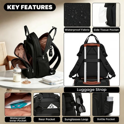 BCM2532 - Miss Lulu Stylish Multifunctional Baby Changing Backpack with Insulated Bottle Holders, Stroller Clips & Trolley Sleeve for Everyday & Travel - Black
