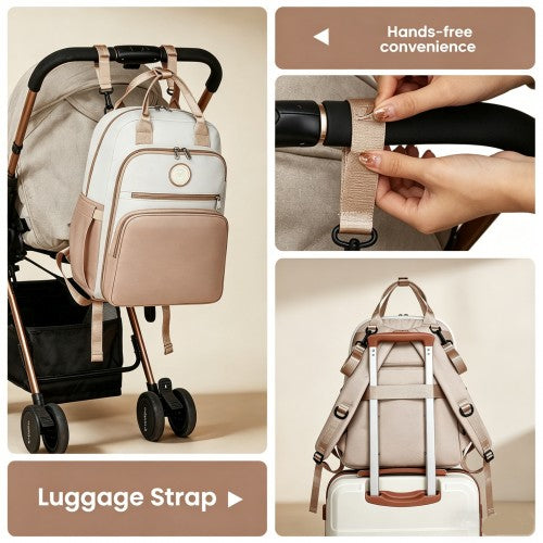 BCM2532 - Miss Lulu Stylish Multifunctional Baby Changing Backpack with Insulated Bottle Holders, Stroller Clips & Trolley Sleeve for Everyday & Travel - Khaki and Beige
