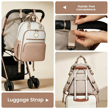 BCM2532 - Miss Lulu Stylish Multifunctional Baby Changing Backpack with Insulated Bottle Holders, Stroller Clips & Trolley Sleeve for Everyday & Travel - Khaki and Beige