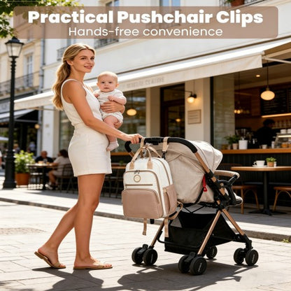 BCM2532 - Miss Lulu Stylish Multifunctional Baby Changing Backpack with Insulated Bottle Holders, Stroller Clips & Trolley Sleeve for Everyday & Travel - Khaki and Beige
