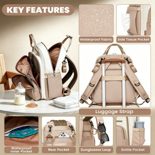 BCM2532 - Miss Lulu Stylish Multifunctional Baby Changing Backpack with Insulated Bottle Holders, Stroller Clips & Trolley Sleeve for Everyday & Travel - Khaki and Beige