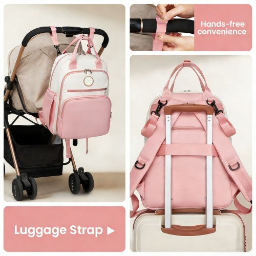 BCM2532 - Miss Lulu Stylish Multifunctional Baby Changing Backpack with Insulated Bottle Holders, Stroller Clips & Trolley Sleeve for Everyday & Travel - Pink and Beige
