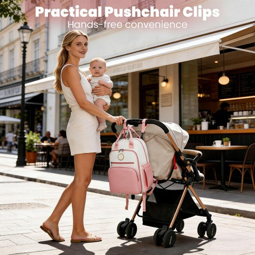 BCM2532 - Miss Lulu Stylish Multifunctional Baby Changing Backpack with Insulated Bottle Holders, Stroller Clips & Trolley Sleeve for Everyday & Travel - Pink and Beige