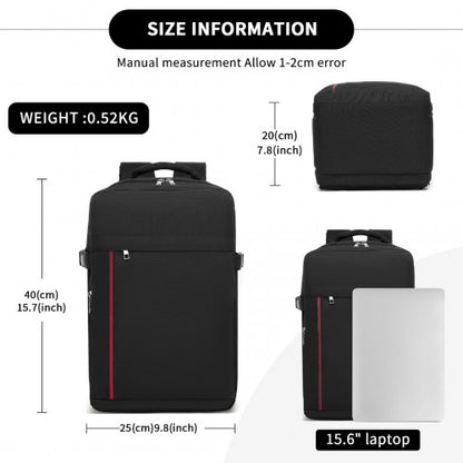 BPK2504 - Kono 20L Cabin Backpack with Red Trim for 15.6” Laptop – Water-Resistant Travel Daypack with Luggage Strap - Black