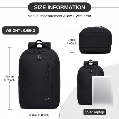 BPK2519 - Kono Laptop Backpack with 15.6" Laptop Compartment, Stylish Commuter Bag with Reflective Straps - Black