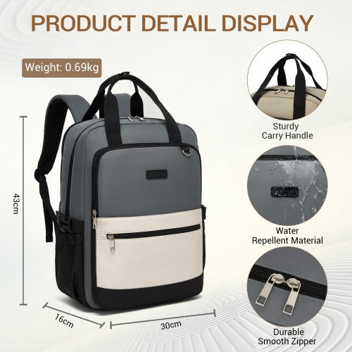 BPK2527 - Kono Functional Water-Resistant Laptop Backpack, Trendy Design with Padded Sleeve and Multiple Practical Compartments - Grey and Beige