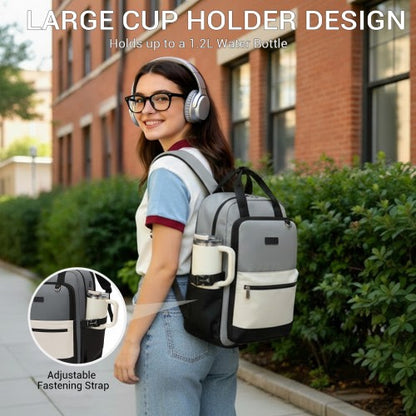 BPK2527 - Kono Functional Water-Resistant Laptop Backpack, Trendy Design with Padded Sleeve and Multiple Practical Compartments - Grey and Beige