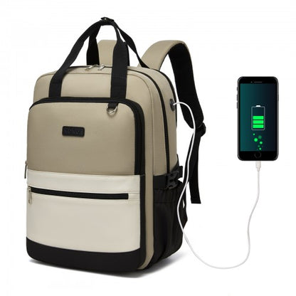 BPK2527 - Kono Functional Water-Resistant Laptop Backpack, Trendy Design with Padded Sleeve and Multiple Practical Compartments - Khaki and Beige
