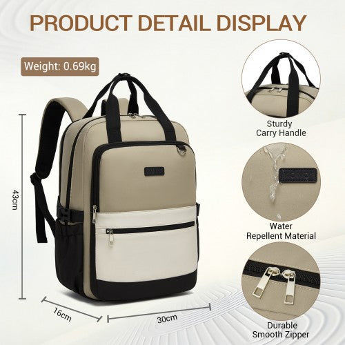 BPK2527 - Kono Functional Water-Resistant Laptop Backpack, Trendy Design with Padded Sleeve and Multiple Practical Compartments - Khaki and Beige