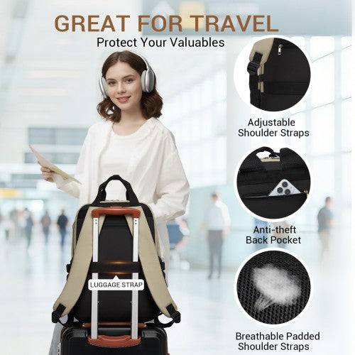 BPK2527 - Kono Functional Water-Resistant Laptop Backpack, Trendy Design with Padded Sleeve and Multiple Practical Compartments - Khaki and Beige