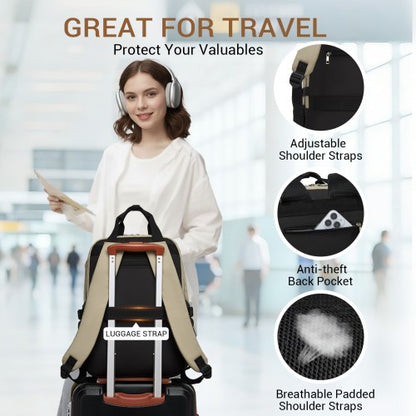 BPK2527 - Kono Functional Water-Resistant Laptop Backpack, Trendy Design with Padded Sleeve and Multiple Practical Compartments - Khaki and Beige