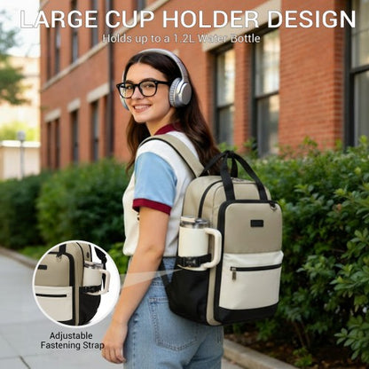 BPK2527 - Kono Functional Water-Resistant Laptop Backpack, Trendy Design with Padded Sleeve and Multiple Practical Compartments - Khaki and Beige
