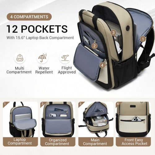 BPK2527 - Kono Functional Water-Resistant Laptop Backpack, Trendy Design with Padded Sleeve and Multiple Practical Compartments - Khaki and Beige