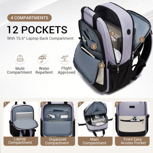 BPK2527 - Kono Functional Water-Resistant Laptop Backpack, Trendy Design with Padded Sleeve and Multiple Practical Compartments - Purple and Beige