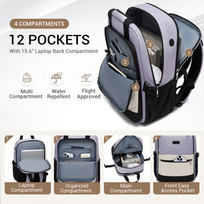 BPK2527 - Kono Functional Water-Resistant Laptop Backpack, Trendy Design with Padded Sleeve and Multiple Practical Compartments - Purple and Beige