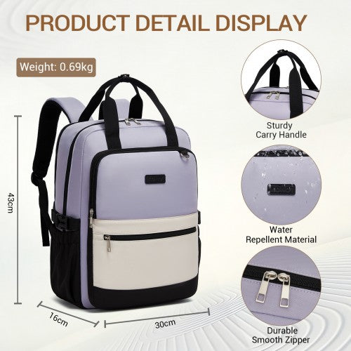 BPK2527 - Kono Functional Water-Resistant Laptop Backpack, Trendy Design with Padded Sleeve and Multiple Practical Compartments - Purple and Beige