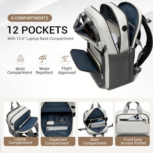 BPK2530 - Kono Spacious Water-Resistant Laptop Backpack for Travel & Commuting - 15.6" Padded Laptop Compartment, Reflective Strip - Beige and Grey