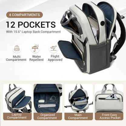 BPK2530 - Kono Spacious Water-Resistant Laptop Backpack for Travel & Commuting - 15.6" Padded Laptop Compartment, Reflective Strip - Beige and Grey