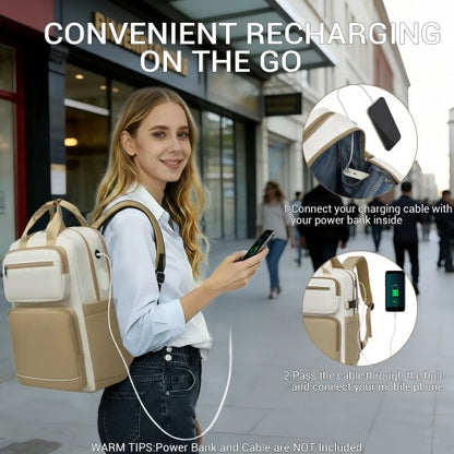 BPK2530 - Kono Spacious Water-Resistant Laptop Backpack for Travel & Commuting - 15.6" Padded Laptop Compartment, Reflective Strip - Beige and Khaki
