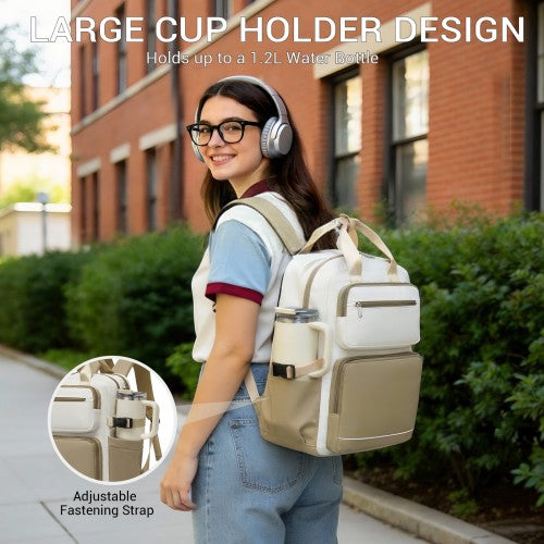 BPK2530 - Kono Spacious Water-Resistant Laptop Backpack for Travel & Commuting - 15.6" Padded Laptop Compartment, Reflective Strip - Beige and Khaki