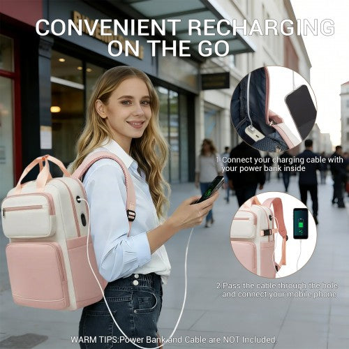 BPK2530 - Kono Spacious Water-Resistant Laptop Backpack for Travel & Commuting - 15.6" Padded Laptop Compartment, Reflective Strip - Beige and Pink