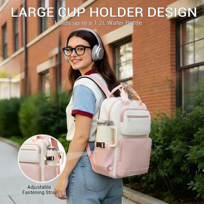 BPK2530 - Kono Spacious Water-Resistant Laptop Backpack for Travel & Commuting - 15.6" Padded Laptop Compartment, Reflective Strip - Beige and Pink