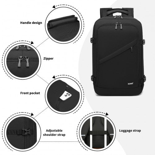 BPK2531S - Kono Multi-purpose Business Carry-On Backpack–Fits 15.6" Laptop, Ideal for Work, Travel & Daily Commute - Black