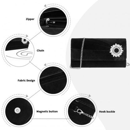 CLM2457 - Miss Lulu Elegant Velvet Evening Clutch with Crystal Ring & Detachable Chain Strap - Versatile Shoulder or Handheld Bag - Black