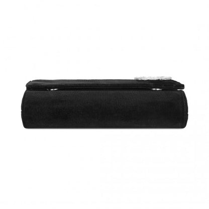 CLM2457 - Miss Lulu Elegant Velvet Evening Clutch with Crystal Ring & Detachable Chain Strap - Versatile Shoulder or Handheld Bag - Black
